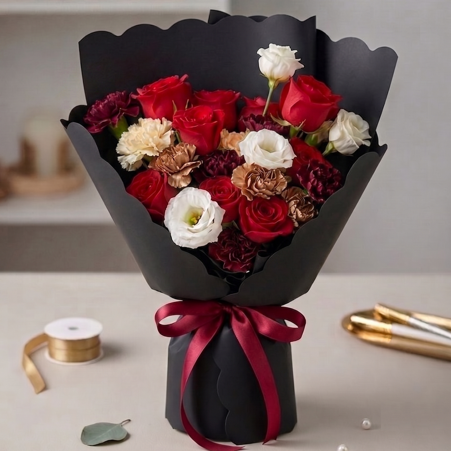 A floral bouquet wrapped in black paper with a dark red ribbon, filled with red, white, and burgundy roses, cream flowers, and brown dried accents, next day delivery in Singapore