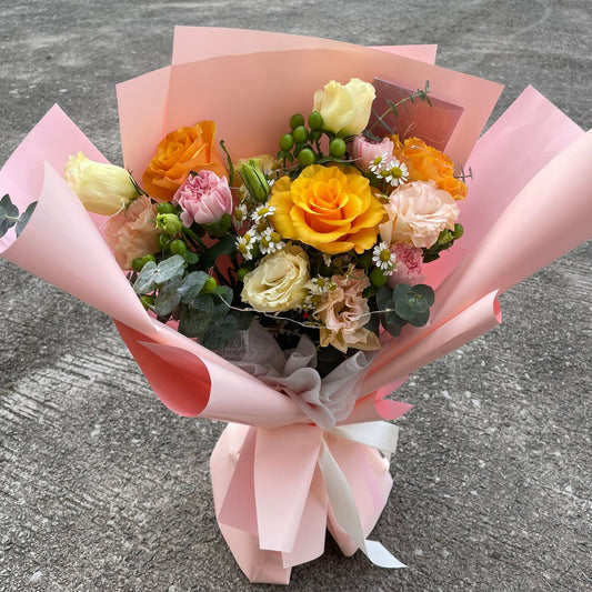 Our florist serves fresh white or pink color roses Bouquet in Singapore with special flowers such as baby breaths or caspia and eucalyptus at an affordable and best pricing. This is suitable for occasions such as birthdays, valentine's, anniversary, surprise, wedding, international women's day, grand opening or even condolences. it's a bouquet for all occasions