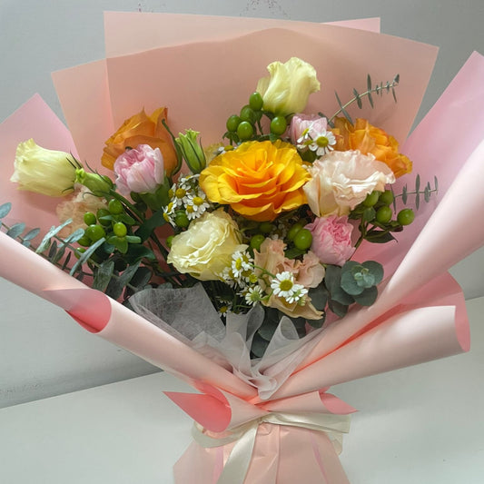 Our florist serves fresh white or pink color roses Bouquet in Singapore with special flowers such as baby breaths or caspia and eucalyptus at an affordable and best pricing. This is suitable for occasions such as birthdays, valentine's, anniversary, surprise, wedding, international women's day, grand opening or even condolences. it's a bouquet for all occasions