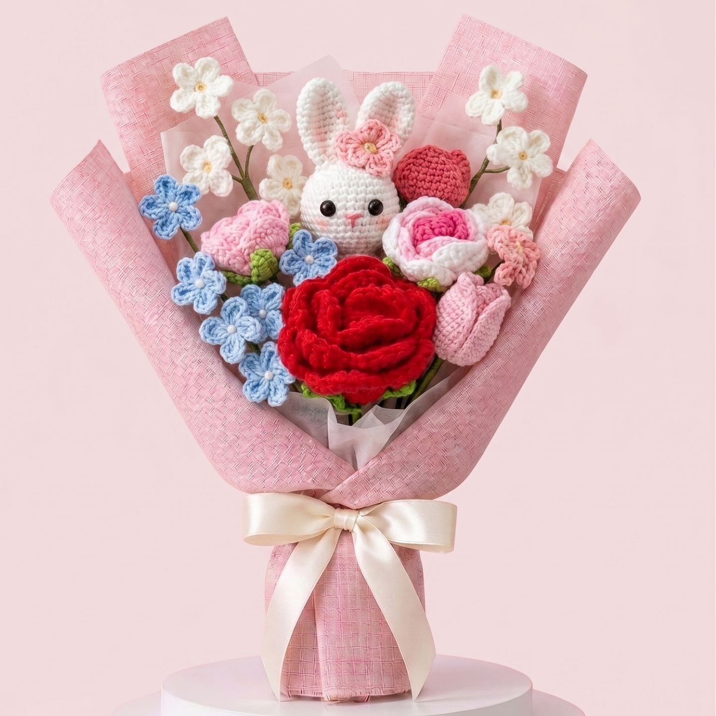Crochet Rabbit with Mix Crochet Flower Bouquets