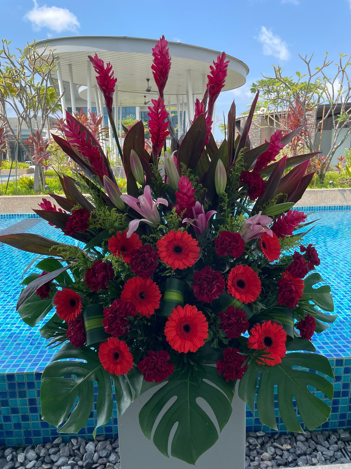 Cheap Real Carnation, Gerbera Daisies, Red Ginger Flower and Lilies Grand Opening Floral Stand under $200 in Singapore Free Delivery