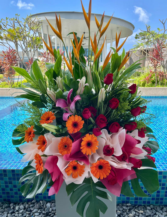 Cheap Real Gerbera Daisies, Roses, Lilies and Birds of Paradise Grand Opening Floral Stand Under $200 in Singapore Free Delivery
