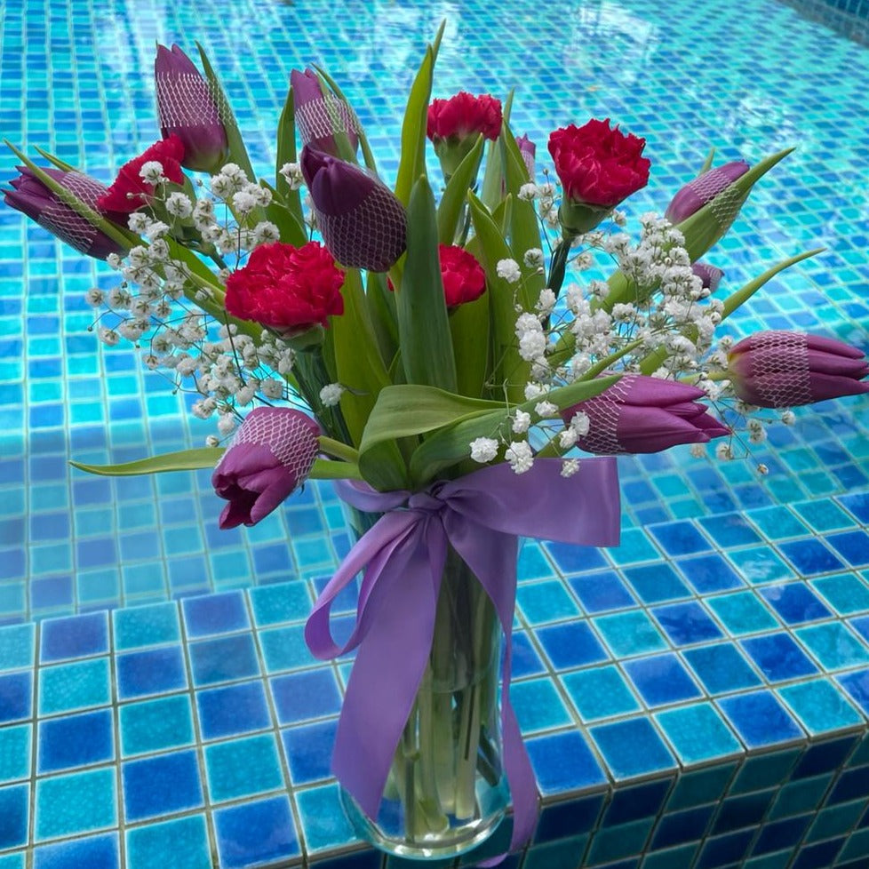 Tulips, Carnation and Baby Breath Vase Arrangement Under $100 in Singapore Free Delivery
