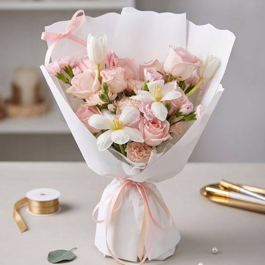A bouquet of pink and white flowers wrapped in white paper with a pale pink ribbon, Next Day Delivery
