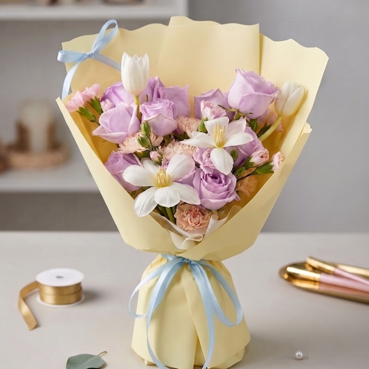A bouquet of pastel flowers wrapped in pale yellow paper with a light blue ribbon, next day delivery in Singapore