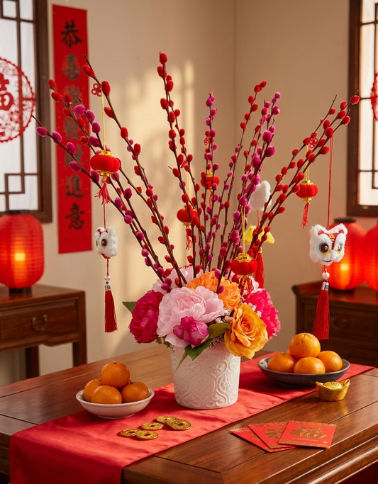 Chinese New Year Pussy Willow Table Flower Arrangement with Peonies and Roses. Suitable for Chinese New Year.