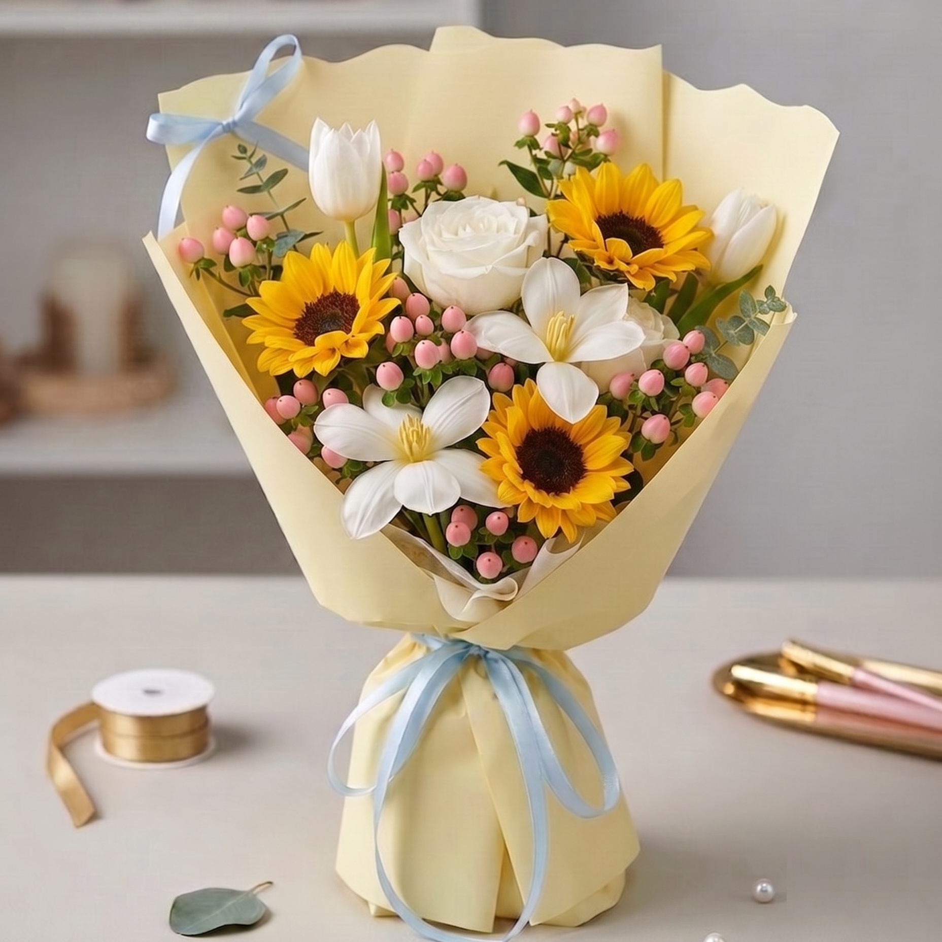 A wrapped flower bouquet on a tabletop, featuring yellow sunflowers, white roses and tulips, white carnations, pink filler blossoms, and green foliage, all wrapped in pale yellow paper with a light blue ribbon. next day delivery in Singapore