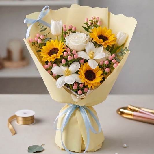 A wrapped flower bouquet on a tabletop, featuring yellow sunflowers, white roses and tulips, white carnations, pink filler blossoms, and green foliage, all wrapped in pale yellow paper with a light blue ribbon. next day delivery in Singapore