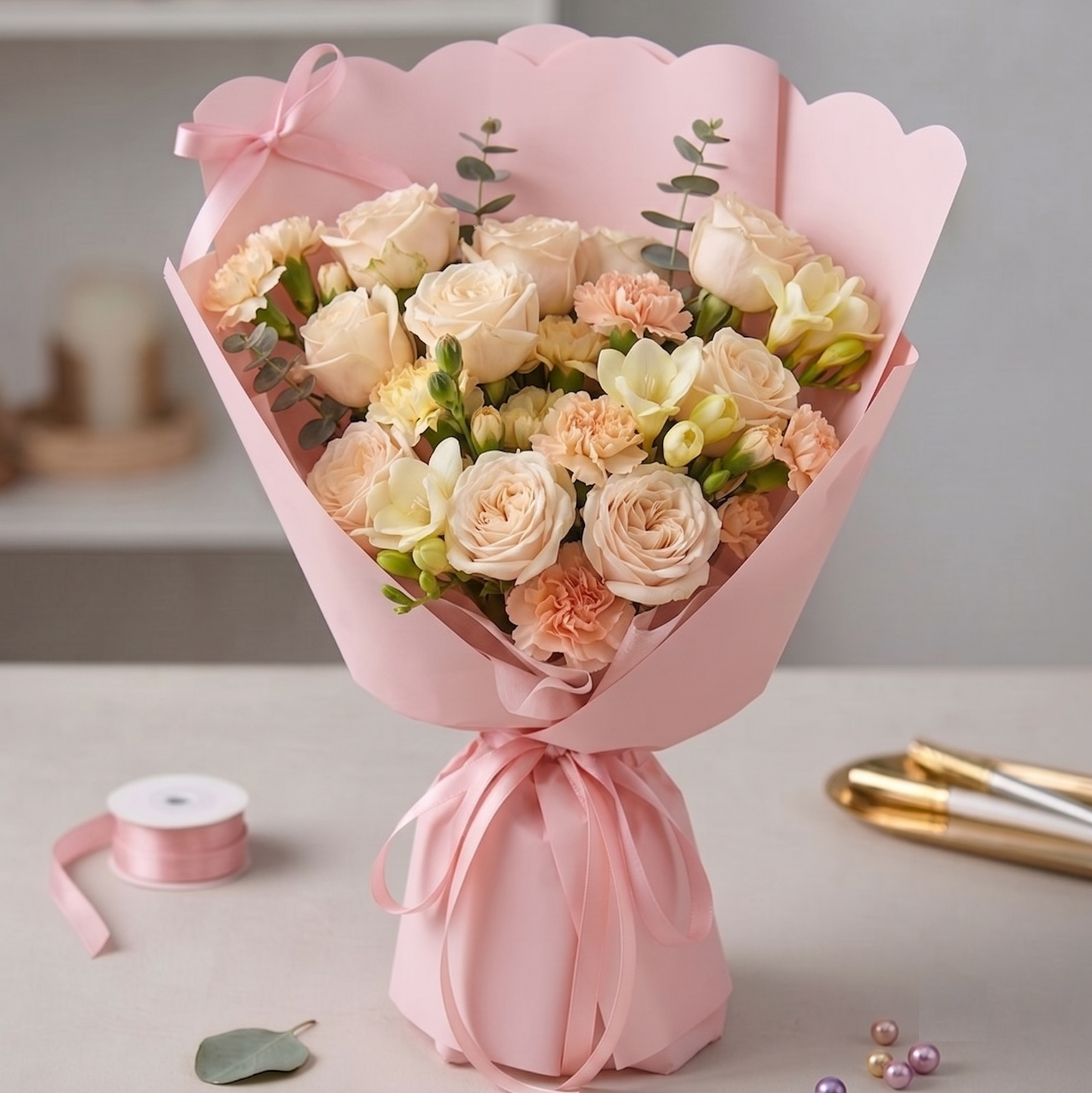 A bouquet of pale peach and cream roses wrapped in light pink paper with a matching pink ribbon, next day delivery in Singapore