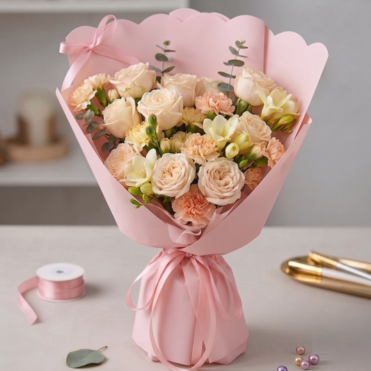 A bouquet of pale peach and cream roses wrapped in light pink paper with a matching pink ribbon, next day delivery in Singapore