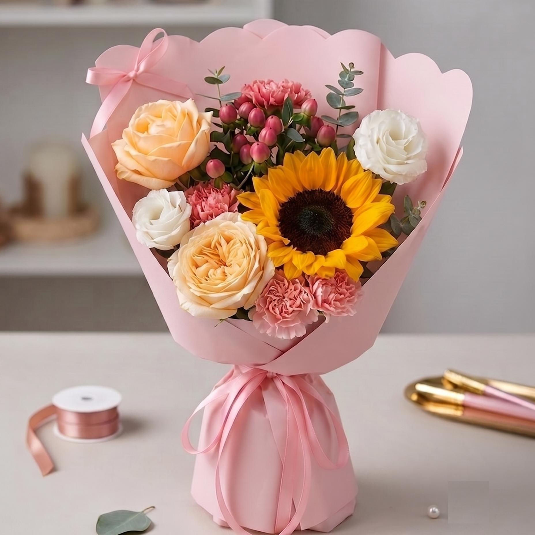 A floral bouquet wrapped in pink paper with a bow, featuring a large yellow sunflower, peach and white roses, pink carnations, and green foliage, next day daily in Singapore.