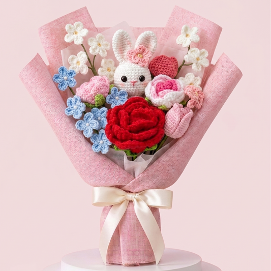 Crochet Rabbit with Mix Crochet Flower Bouquets