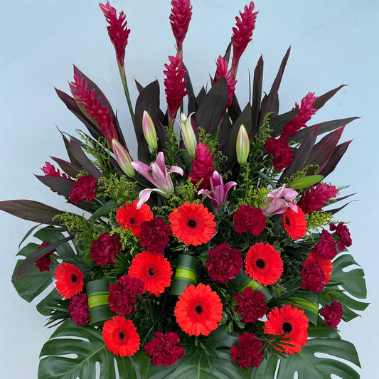Cheap Real Carnation, Gerbera Daisies, Red Ginger Flower and Lilies Grand Opening Floral Stand under $200 in Singapore Free Delivery