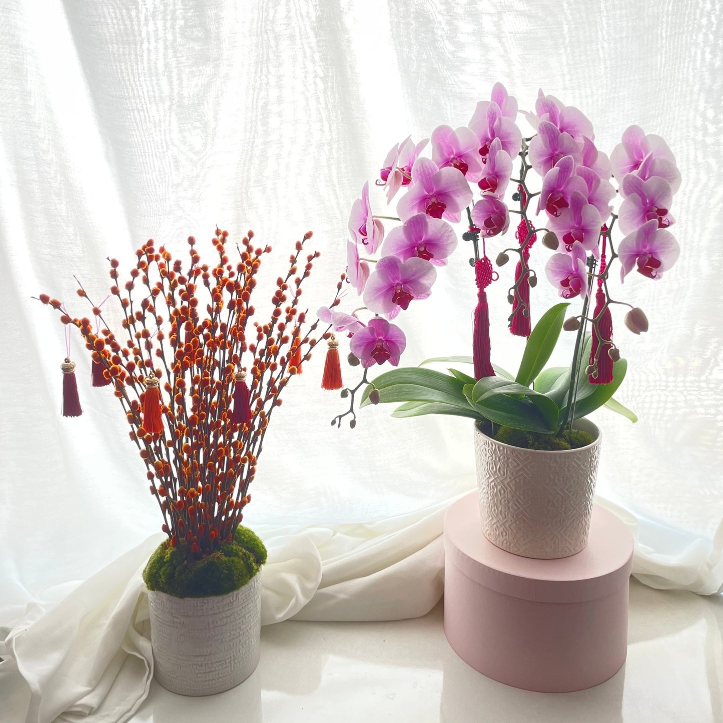 Chinese New Year Phalaenopsis Orchid Table Arrangement and Short Unique Pussy Willow Table Arrangement in Singapore with Free Delivery
