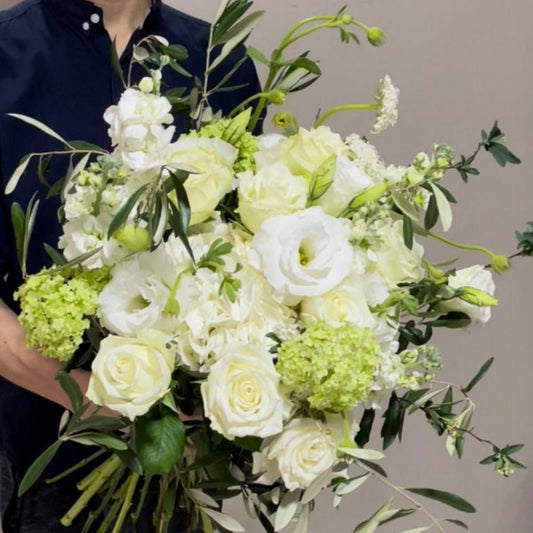 Artisan and Unique Bridal Bouquet with Fresh White Roses, Eustoma, Matthiola, Hydrangea and Viburnum bouquet in Singapore under $150 with free delivery